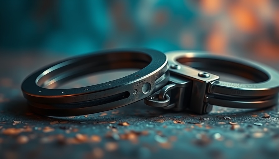 Metal handcuffs on textured surface, blurred background.