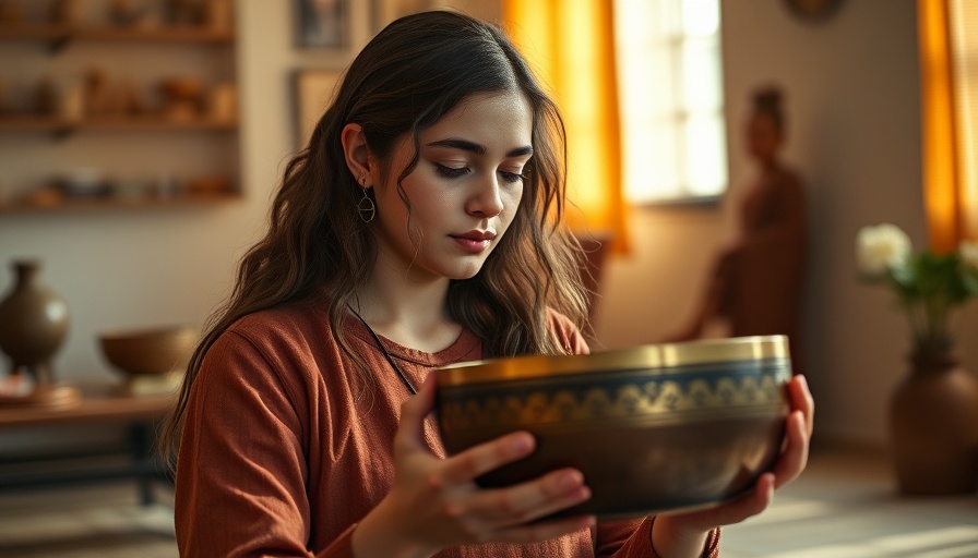 Woman using a Tibetan singing bowl in a serene setting for therapy.