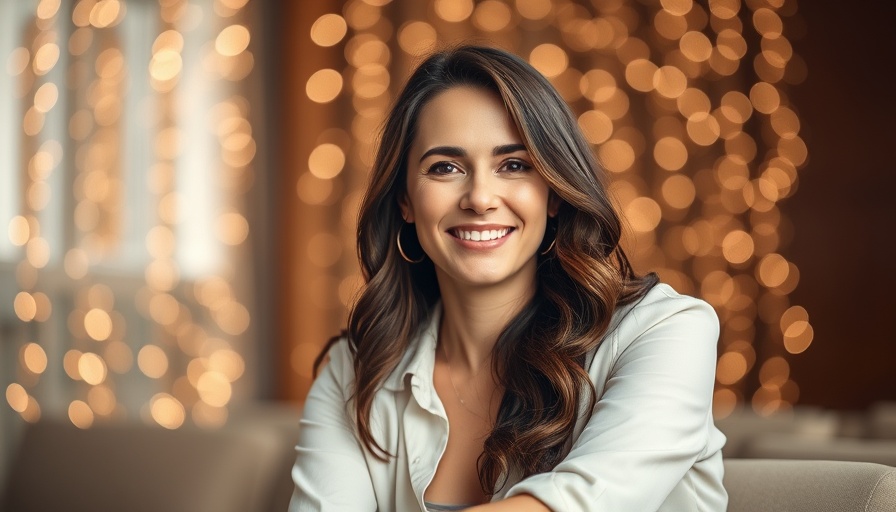Smiling woman seated with sparkly background.
