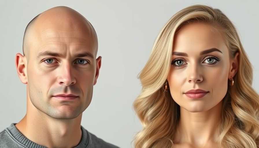 Side-by-side portrait of a bald man and a woman with wavy blonde hair, neutral expressions.