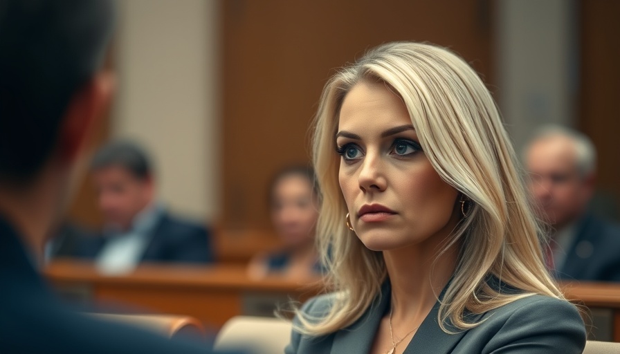 Serious woman in courtroom setting discussing political issues.