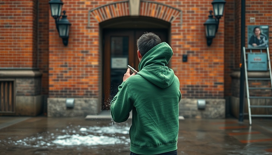 Person cleaning steps of a brick building, mass shootings in America context.