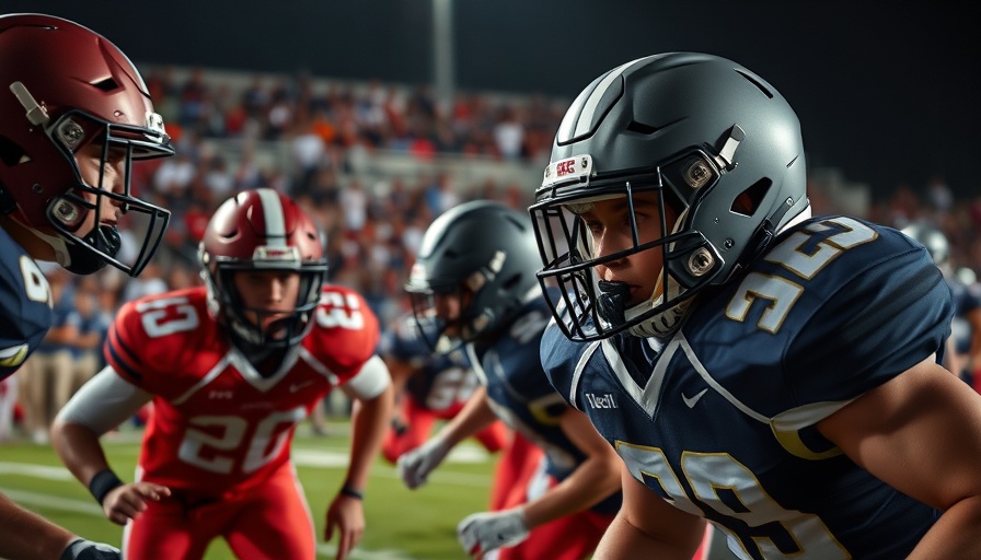 High school football game showing players in a dynamic play with expressions of focus.