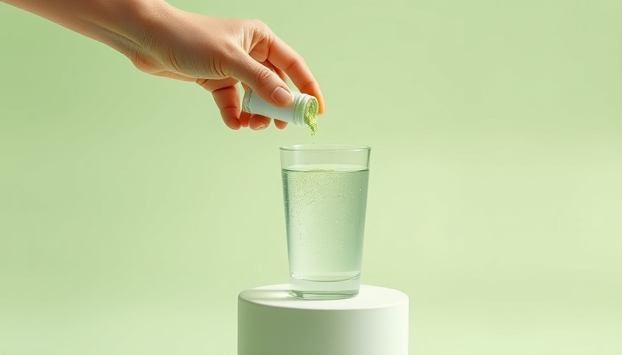 Hand pouring green powder into clear protein drink, minimalistic design.