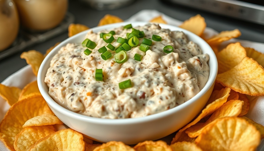 Appetizing clam dip recipe in white bowl with green onions.