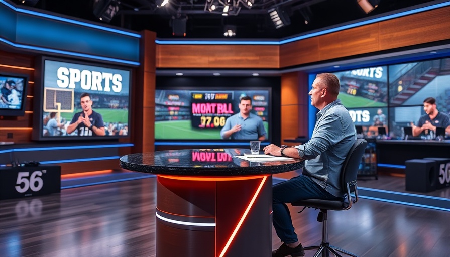 Man on TV show discussing NFL news in modern studio setting.