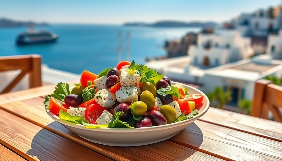 Mediterranean diet salad on table overlooking the sea, highlighting smarter Mediterranean diet diabetes risk.