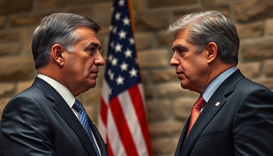 Two political figures in conversation before a flag.