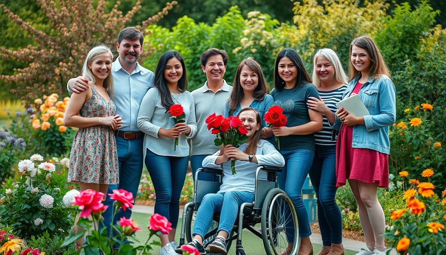 Omega House hospice care for HIV patients garden group smiling with roses.