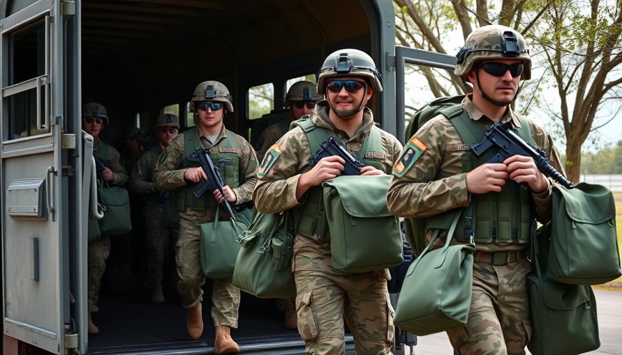 Texas National Guard soldiers unloading gear from a truck outdoors.