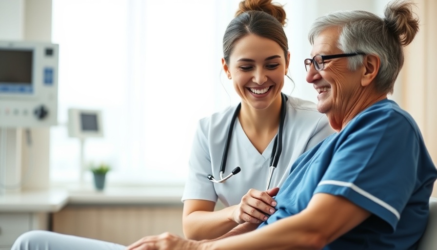 Nurse and elderly patient in hospital setting, healthcare interaction.