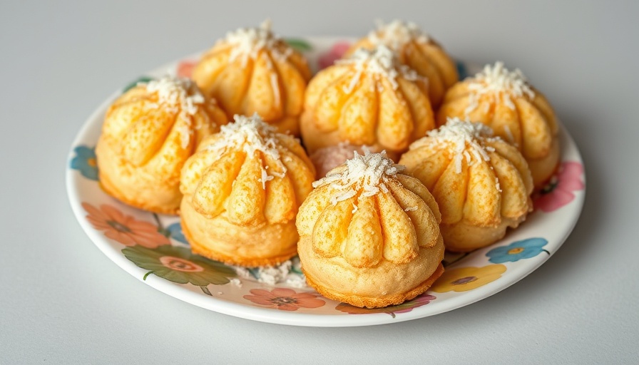 Plate of golden coconut haystack macaroons on a colorful plate.