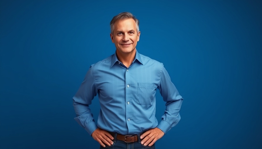 Confident middle-aged man promoting healthy aging techniques.