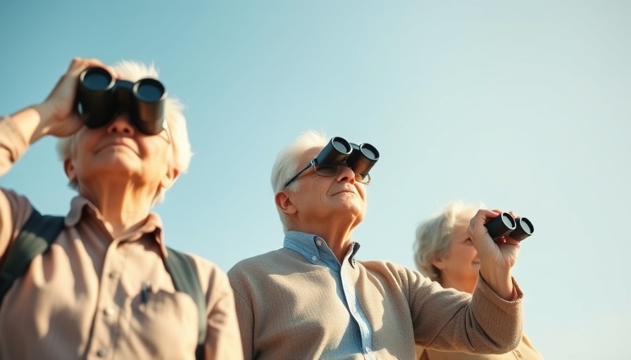 Older adults using binoculars outdoors, healthy lifestyle focus.