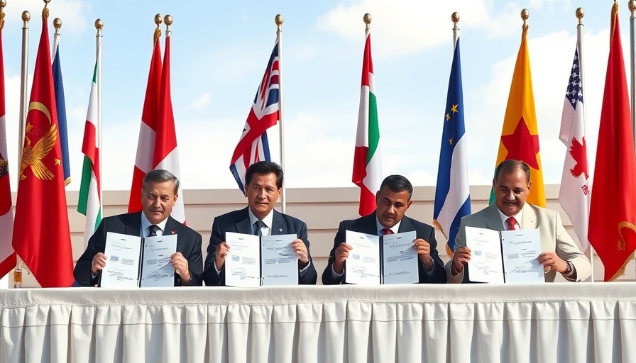 Global leaders call for Abraham Accords participation, flags in background.