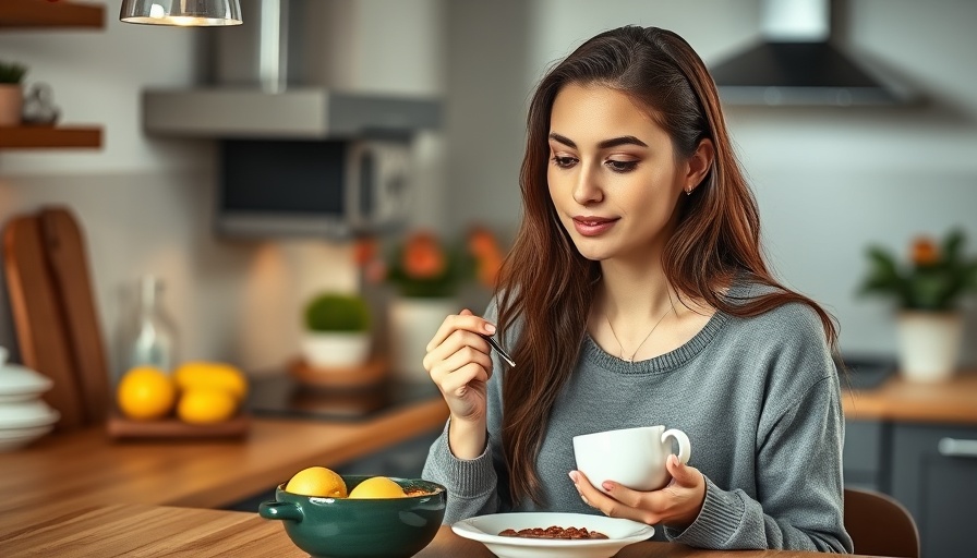 Young woman enjoying healthy breakfast in serene kitchen, illustrating the spiritual benefits of eating healthy.