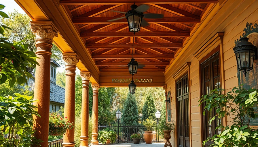 Historic San Antonio veranda, lush greenery, bright day