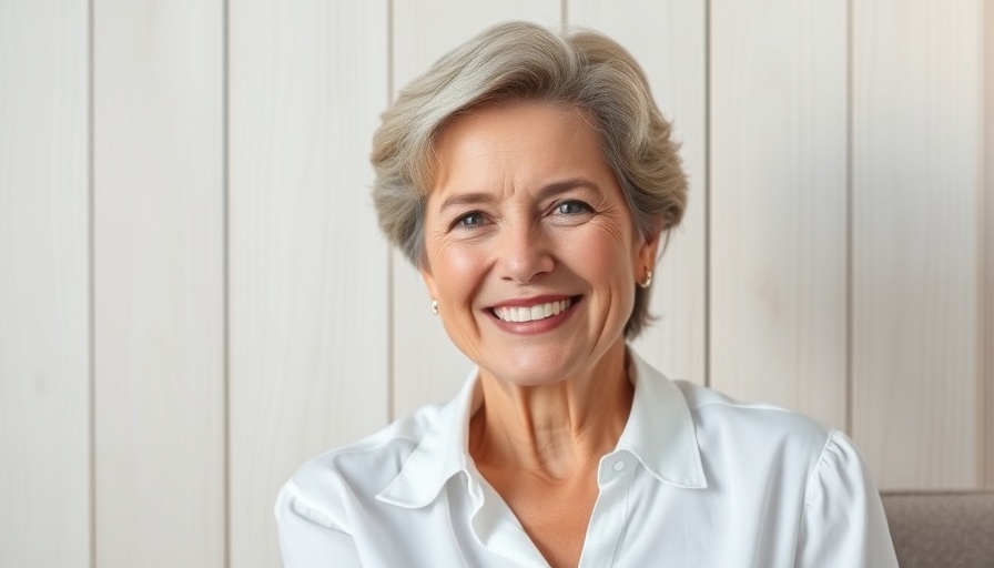 Middle-aged woman smiling in front of a wooden wall.