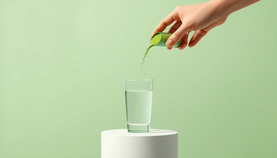 Green powder added to water on a pedestal, clear protein concept.