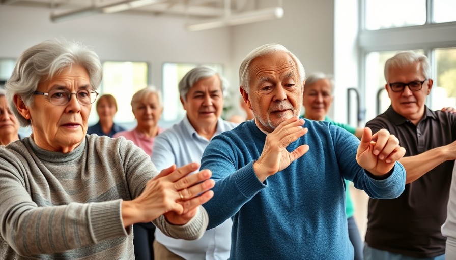 Elderly individuals in a bright room performing healthy aging exercises.