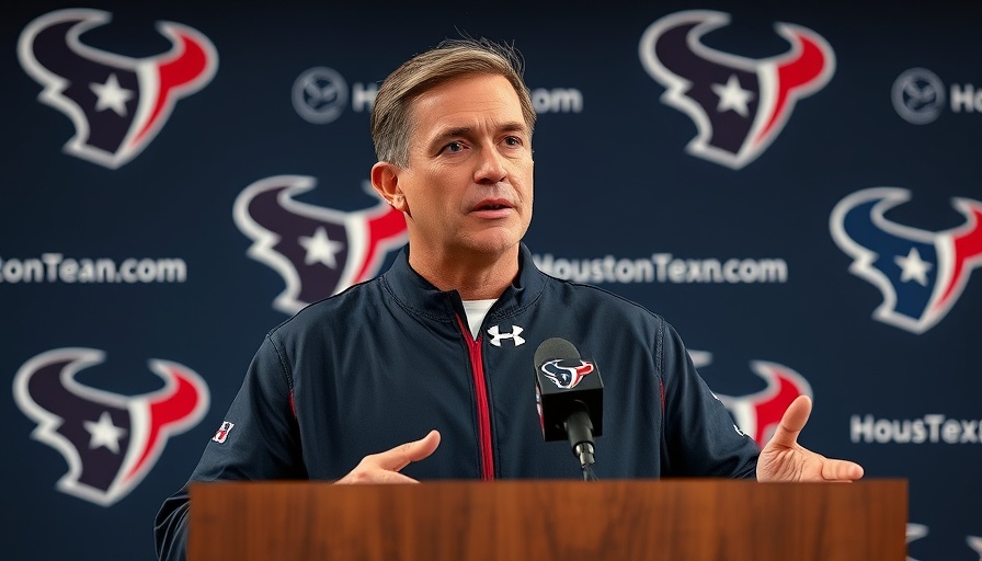 Houston Texans head coach at press conference, team logos in background.