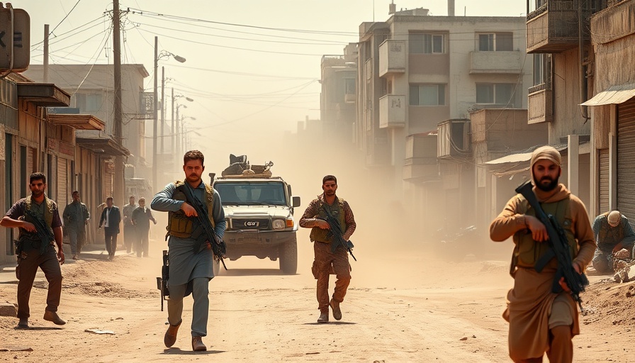 Armed individuals on a dusty street during a tense moment