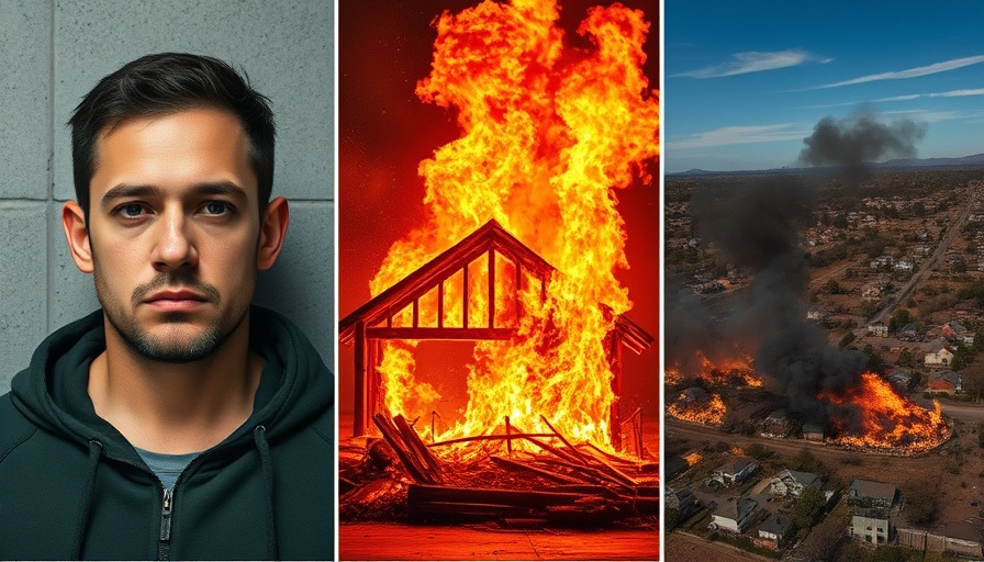 Collage including suspect in Jonathan Rinderknecht arson case, fire, and aerial view.