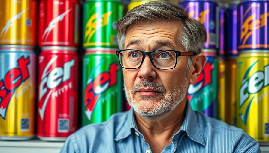 Man discussing taurine in energy drinks with colorful cans in background.