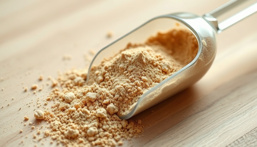 Lead in protein powder concerns visualized with powder and scoop.
