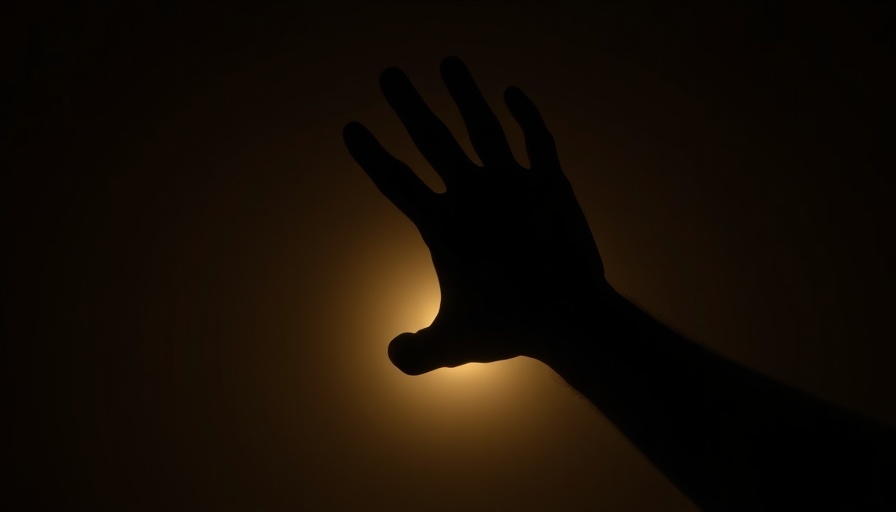 Silhouetted hand conveying fear response, dim light, suspense.