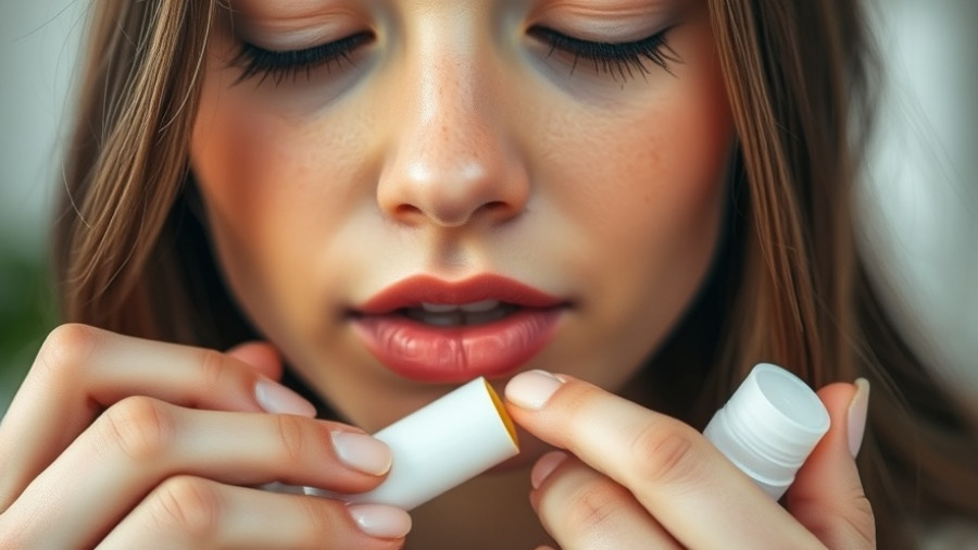 Young woman applying lip balm, close-up focus on lips.