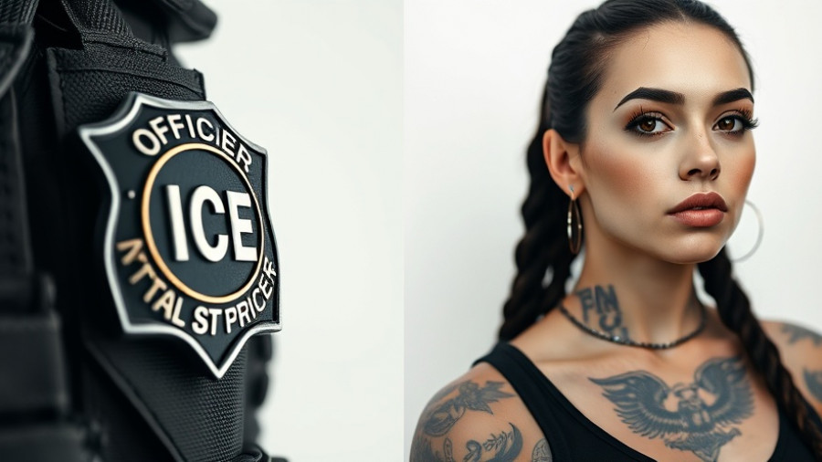 ICE badge and portrait in torn composition, Massachusetts woman context