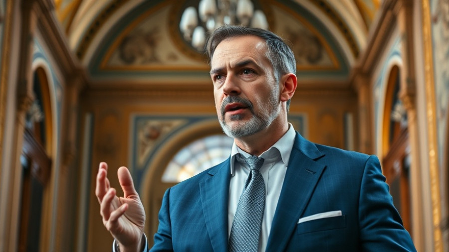 Politician discussing Russia sanctions bill in an ornate building.