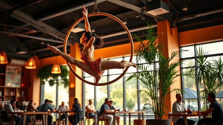 Aerial artist entertains in a lively Dallas café.