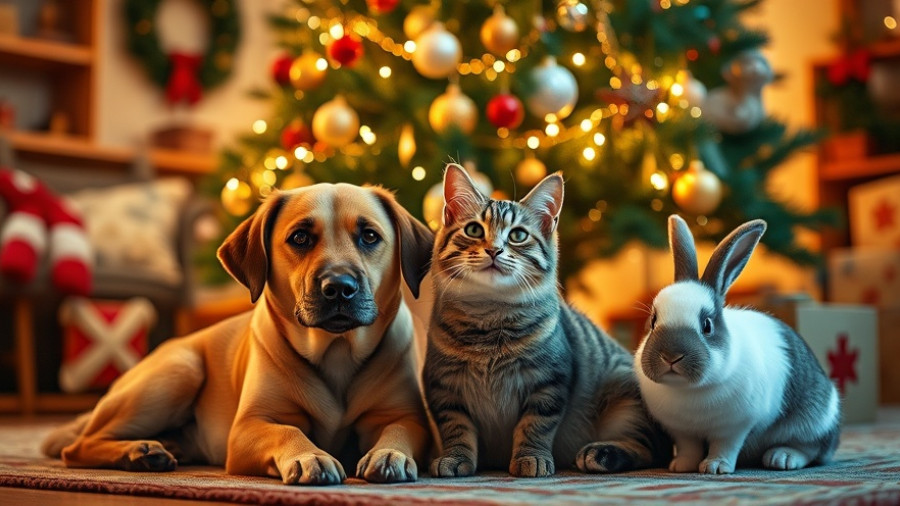 Pet-friendly home during holidays with dog, cat, rabbit by Christmas tree.