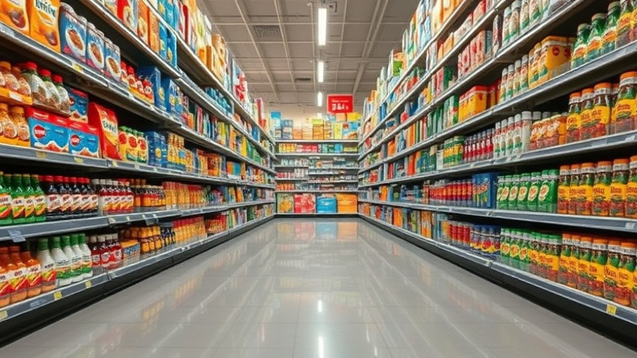 Supermarket aisle filled with processed foods, highlighting healthiness.