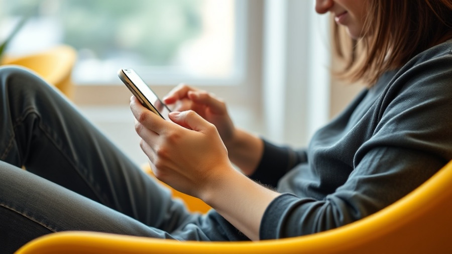 Person seated on yellow chair using a smartphone indoors.
