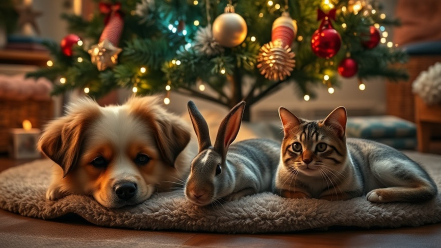 Fluffy pet trio under tree creating pet-friendly holiday home.