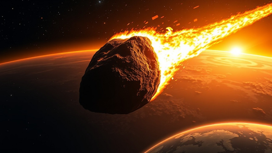 Fiery asteroid impact Earth tektites scene, dramatic sky view.