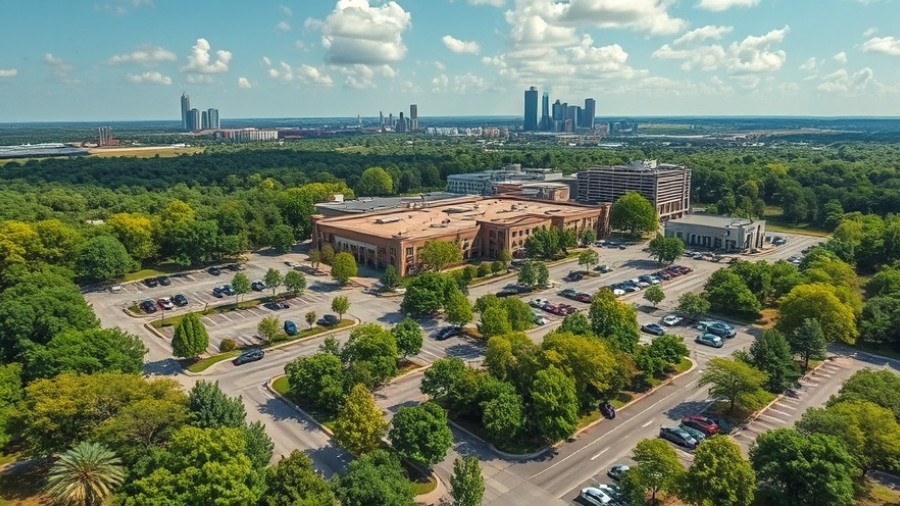 Aerial view of Dallas commercial real estate buildings near greenery.