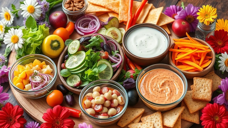 Diverse healthy food spread on wooden table, vibrant colors.
