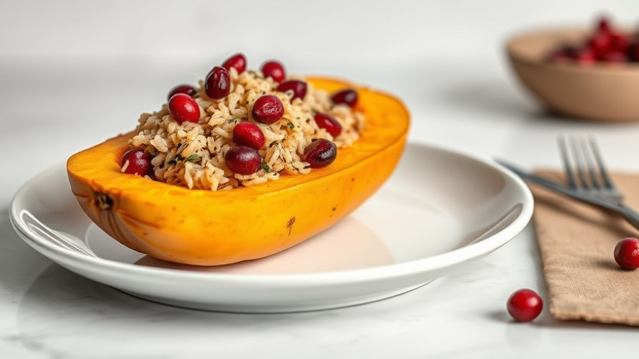 Wild rice topped butternut squash halves with cranberries.