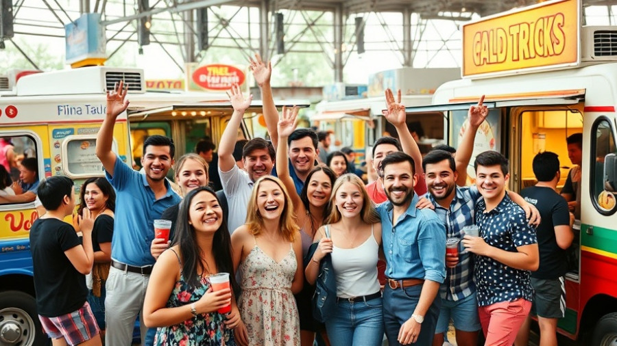 Vibrant Houston food trucks montage with diverse patrons, 2025.