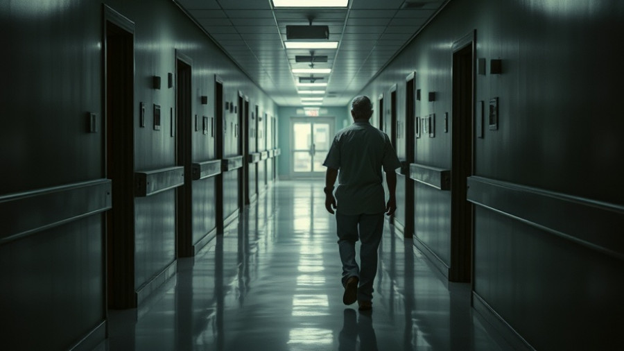 Dimly lit hospital corridor depicting staff layoffs in healthcare.