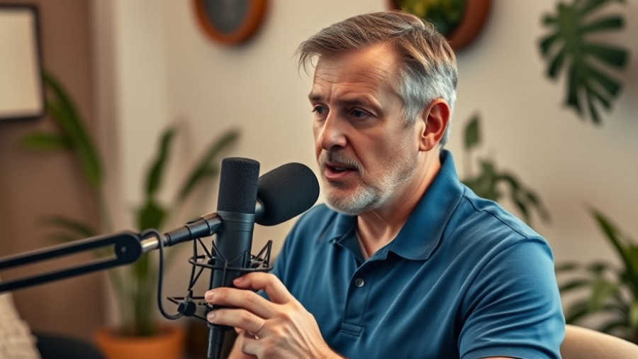 Podcast speaker in blue shirt discusses controversy