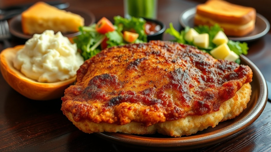 Texas Chicken Fried Steak Day meal with sides on a table