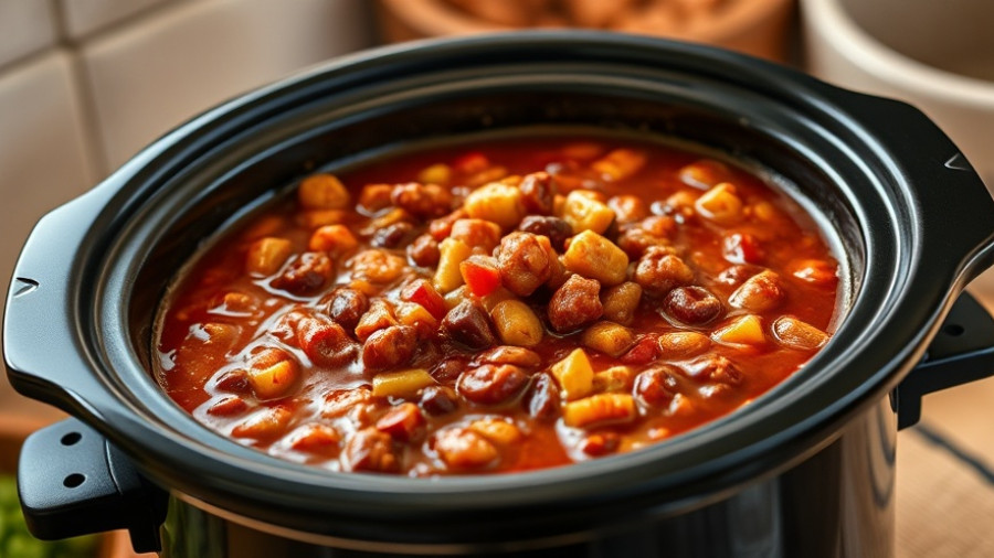 Slow cooker chili recipe featuring beans and tomatoes in a black pot.