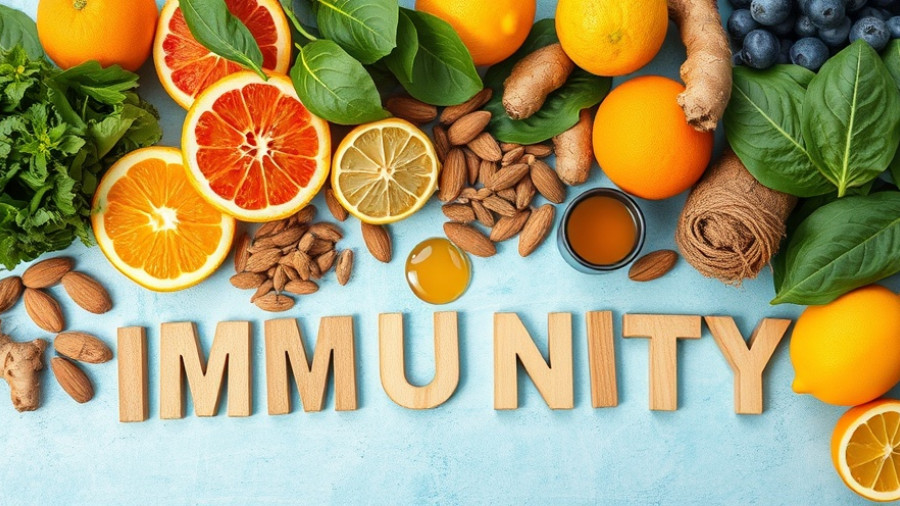Colorful superfoods to boost your immune system on a blue background.