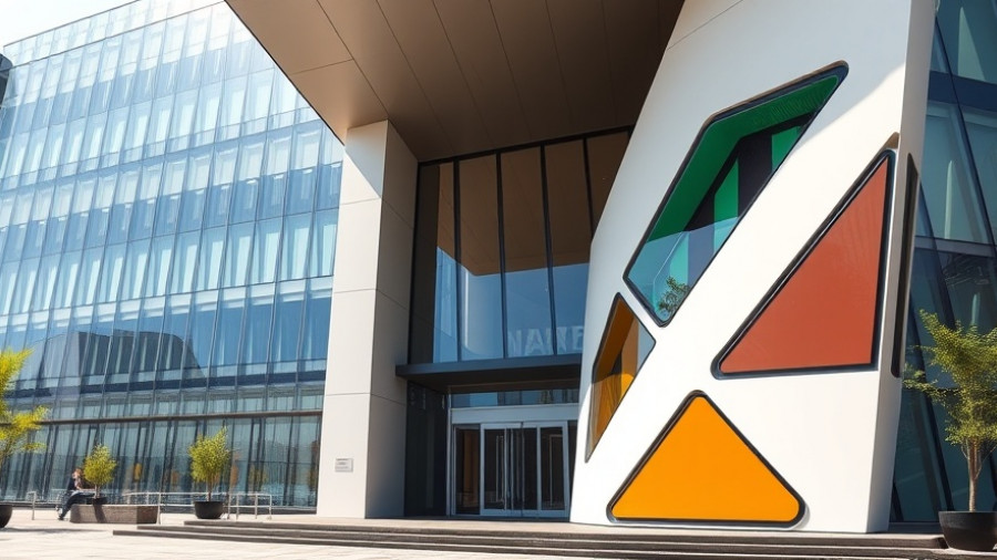 HPE building entrance with geometric sculpture, sunny day