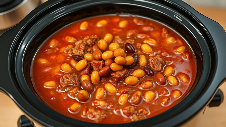 Rich and savory slow cooker chili in crockpot.